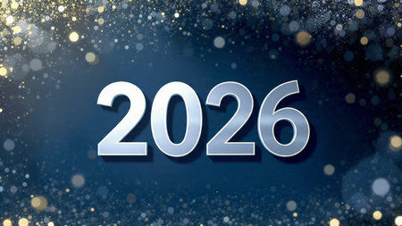 Premium 2026 luxury greeting with silver sparkle trails and cool winter mood, high res.