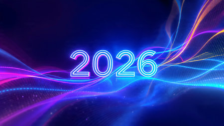 Premium 2026 greeting backdrop with minimal frost noise and cool sparkle accents.
