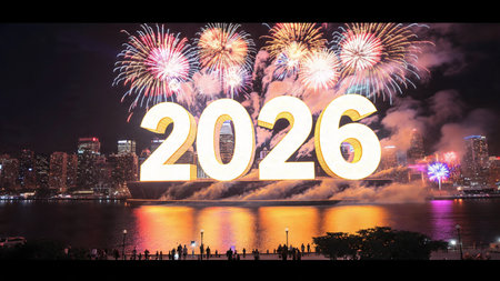Premium 2026 celebration visual with soft frozen glow arcs and minimal shadows.