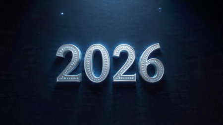 Luxury 2026 New Year visual with smooth silver light trails and clean layout balance.