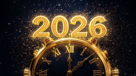 High-class 2026 New Year scene with icy sparkle particles and clean white background balance.