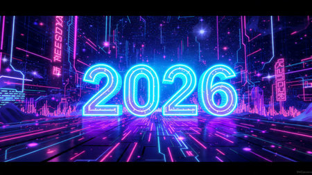 New Year 2026 premium visual with smooth gradient light arcs and soft confetti blur, luxury...