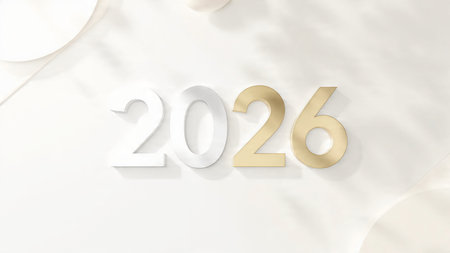 New Year 2026 luxury design with floating glassy numbers, soft crystal glow, minimalist celebration...