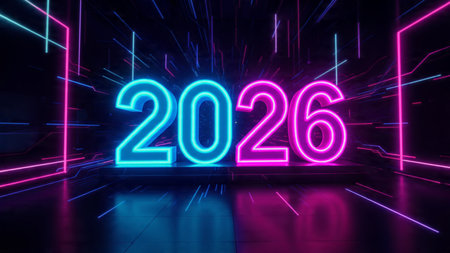 Premium New Year 2026 canvas with elegant silver starlight trails and minimal festive accents.