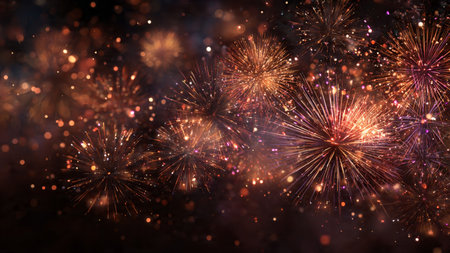 Wide panoramic fireworks scene celebrating the New Year.