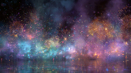 Party-style countdown with fireworks and glow.