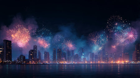 Circuit-style neon elements forming a futuristic New Year scene.