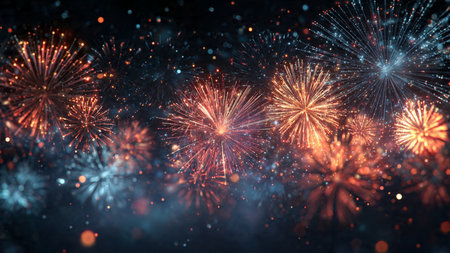 Night fireworks celebration with glowing New Year typography.