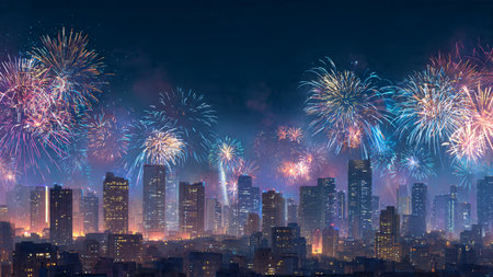 Colorful party-style New Year background with fireworks and glow.の写真素材