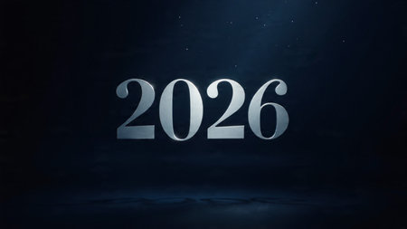 Minimal luxury New Year design with subtle silver shimmer over a dark blue gradient.の写真素材