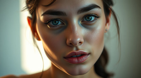 Close-up portrait of a beautiful young woman with blue eyes.の写真素材