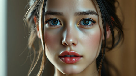 Portrait of a beautiful young girl with long hair. Close-up.の写真素材