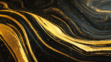 Luxury metallic gold lines flowing across black silk texture.の写真素材