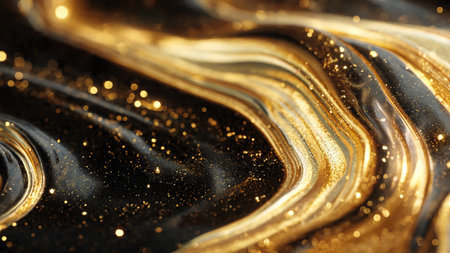 Dramatic black marble texture accented with golden shine.の写真素材