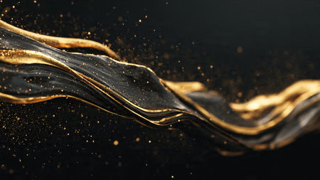 Elegant dark surface accented by polished gold reflections.の写真素材