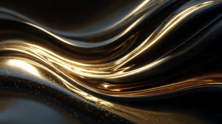 Deep black backdrop illuminated by luminous gold arcs.の写真素材