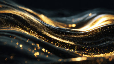 Elegant golden waves flowing across a deep black background in 8K detail.の写真素材