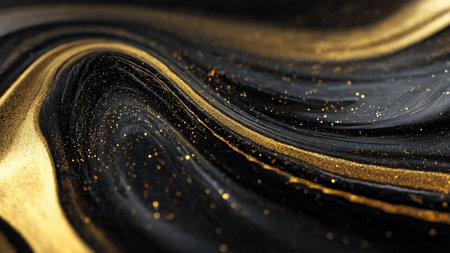 Smooth golden ribbons weaving through rich black space.の写真素材