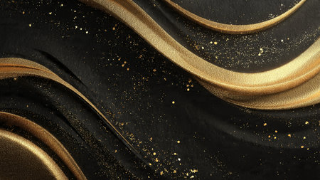 High-resolution golden reflections glowing in dark space.の写真素材