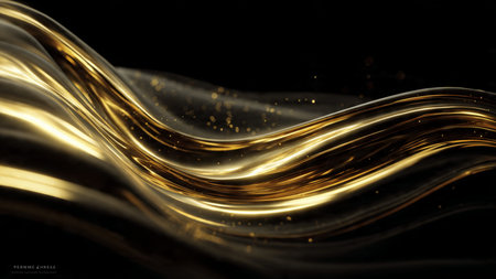 Elegant abstract gold ribbons over a rich black canvas.の写真素材