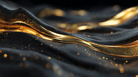 High-resolution black surface with glowing gold veins.の写真素材