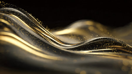 Cinematic golden light streaks on rich black backdrop.の写真素材