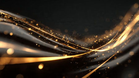 Minimal black design with subtle luminous gold particles.の写真素材