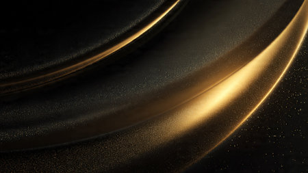 Deep black surface enhanced by flowing golden waves.の写真素材