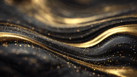 Dramatic black marble texture accented with golden shine.の写真素材