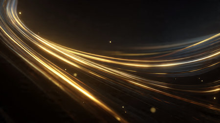 Smooth black canvas accented by radiant gold beams.の写真素材