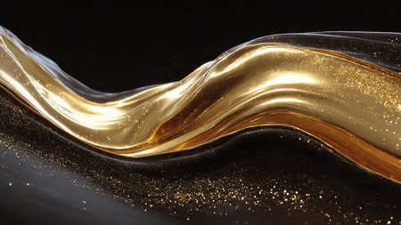 Polished metallic gold highlights over smooth dark backdrop.の写真素材