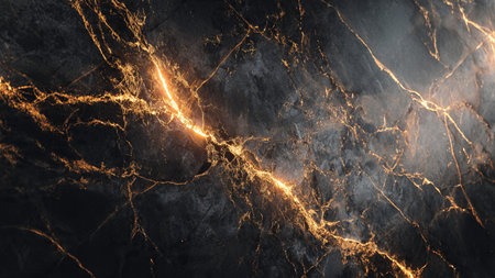 Dark elegant texture with glowing metallic gold veins.の写真素材