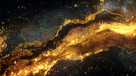 Deep black gradient with luminous gold particle effects.
