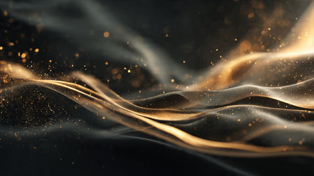 Polished gold textures reflecting over rich black tones.の写真素材