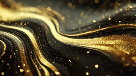 Smooth reflective gold textures over black gradient.の写真素材