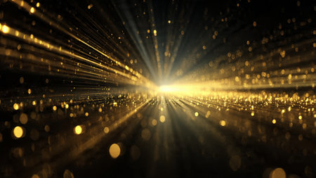 Cinematic gold beams cutting through shadowy background.