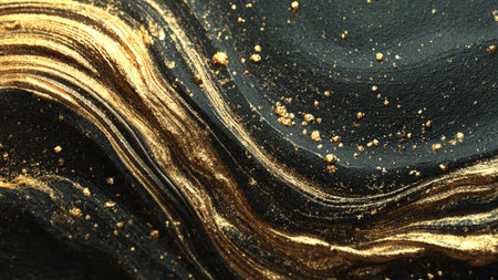 Luxury metallic gold lines flowing across black silk texture.の写真素材