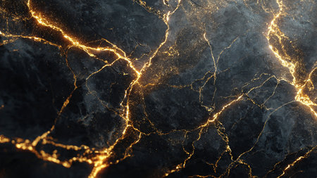 Deep black surface enhanced by flowing golden waves.の写真素材