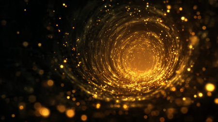 Luxury black and gold abstract background with elegant flowing light streaks and metallic reflections.の写真素材