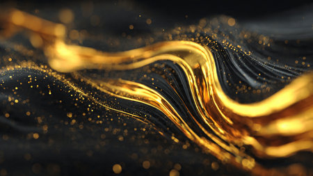 Premium metallic gold arcs glowing across black gradient.の写真素材