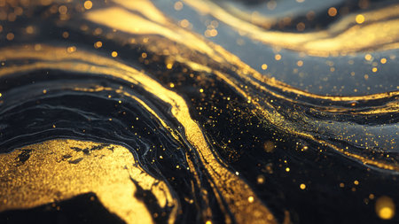 High contrast abstract gold energy on deep black surface.の写真素材