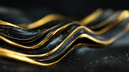 Smooth metallic gold curves over dramatic black canvas.の写真素材