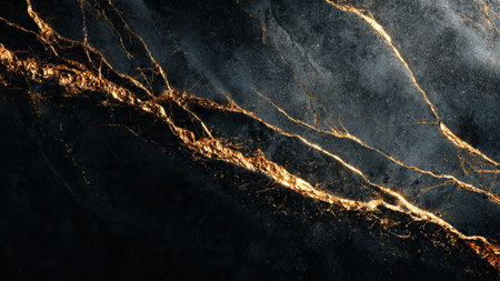 High contrast dark theme with luminous gold accents.の写真素材