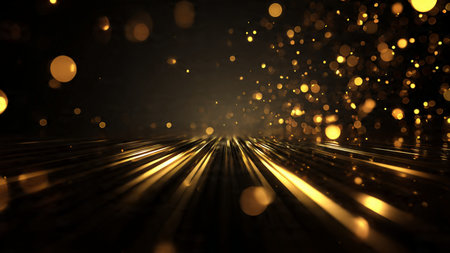 Cinematic black and gold scene with glossy metallic highlights.の写真素材