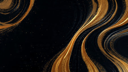 Cinematic black and gold scene with glossy metallic highlights.