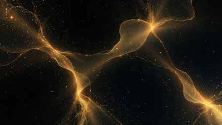 Minimal black design with subtle luminous gold particles.