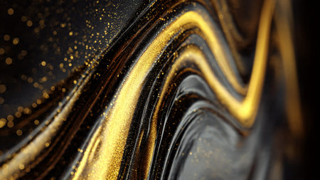 Refined metallic gold highlights over smooth black texture.の写真素材