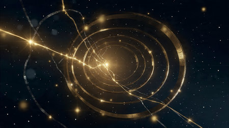 Cinematic dark background with glowing golden dust.