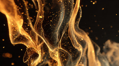 Modern dark theme with glowing gold particle accents.