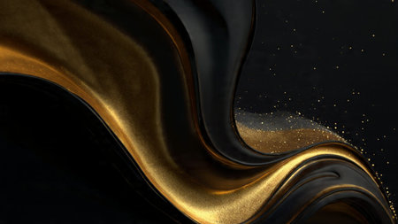 Luxury metallic gold lines flowing across black silk texture.の写真素材